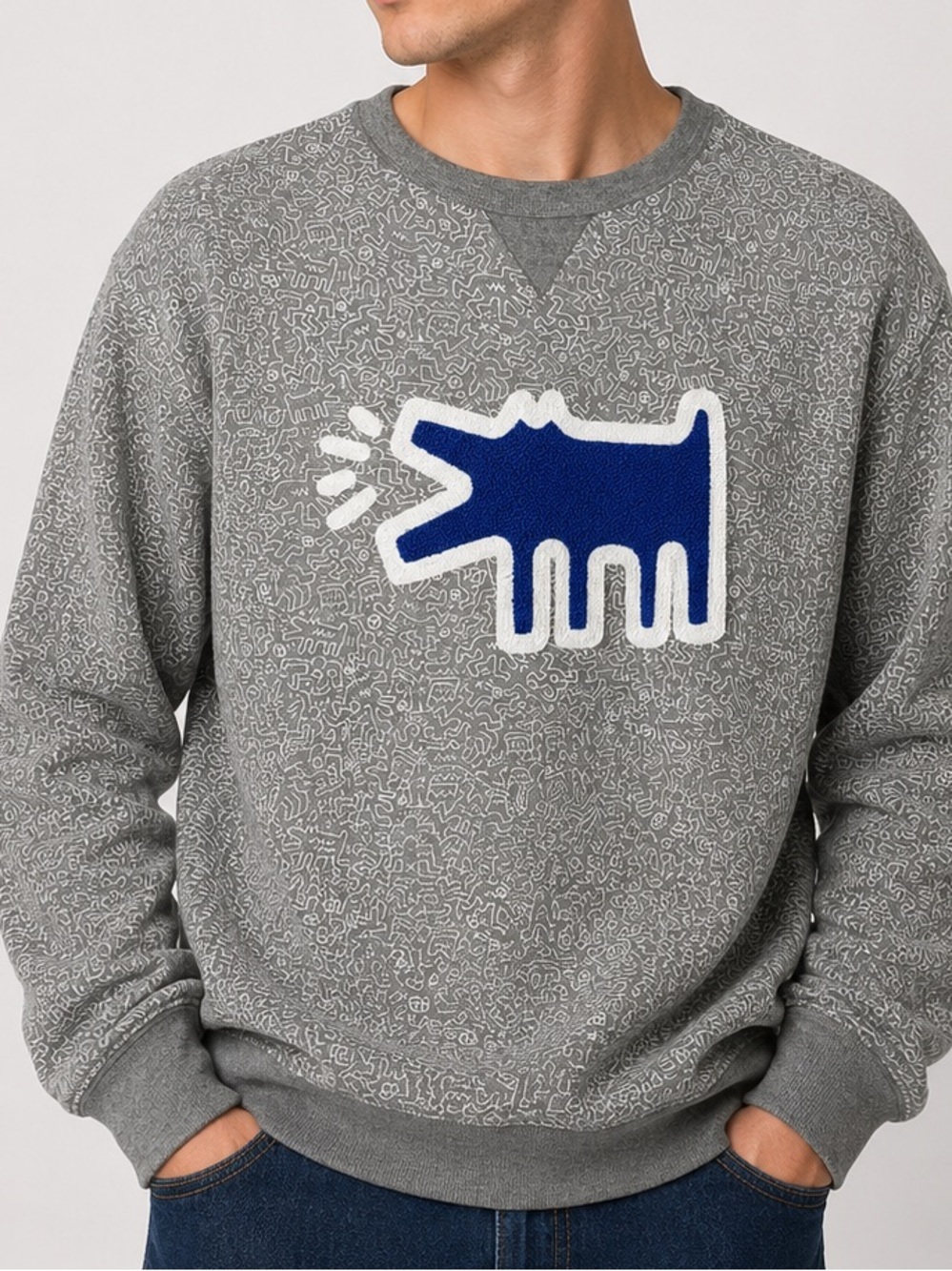 KEITH HARING Print Crewneck Sweatshirt  Barking Dog Size Large Pop Art